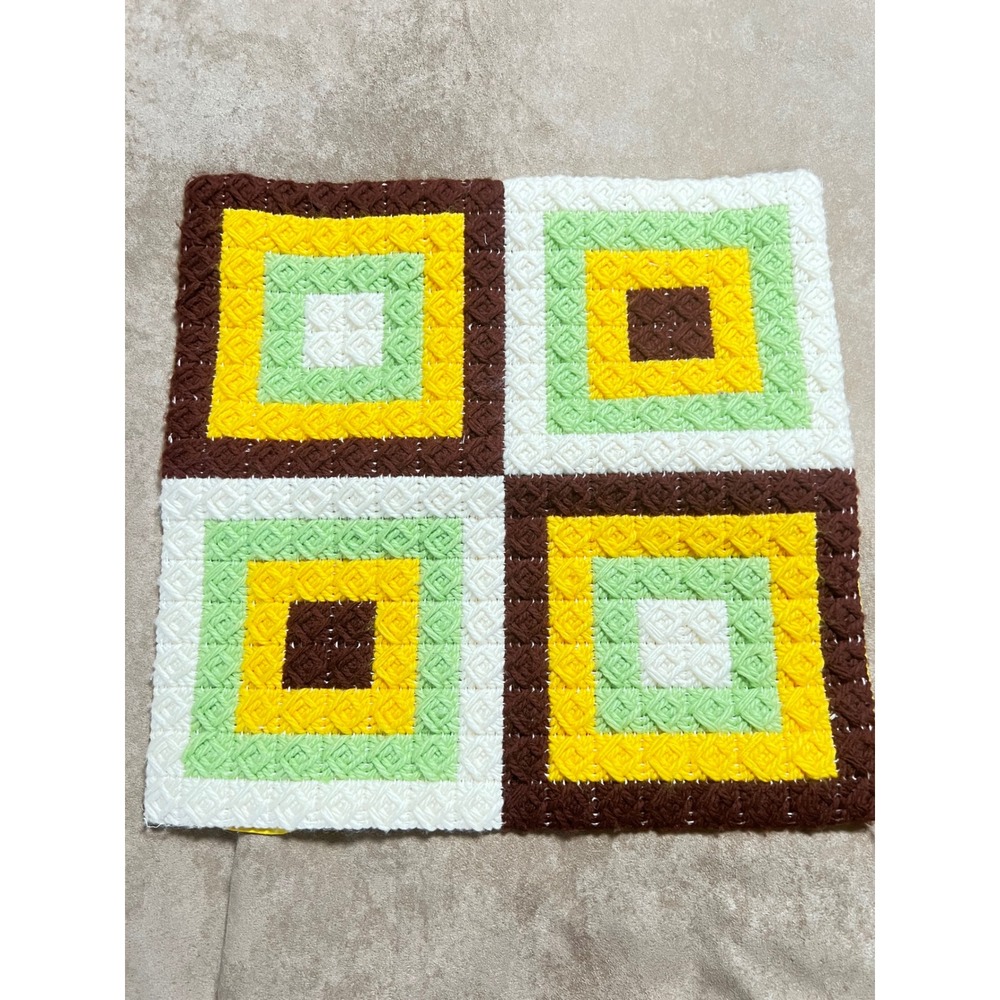 Vintage 70s Latch Hook Needlepoint Pillow Cover Retro Geometric Brown Yellow 16"